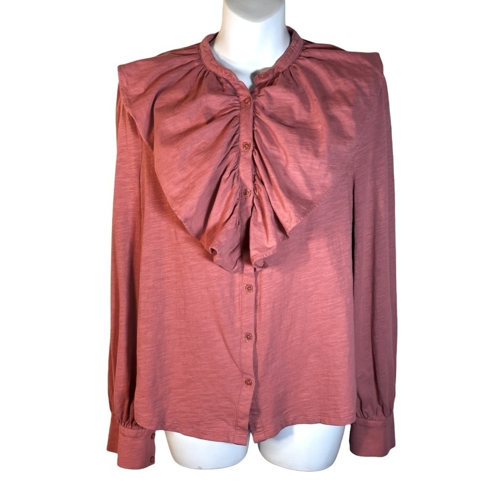 Boden pink ruffle front button down long-sleeve top size 8 US